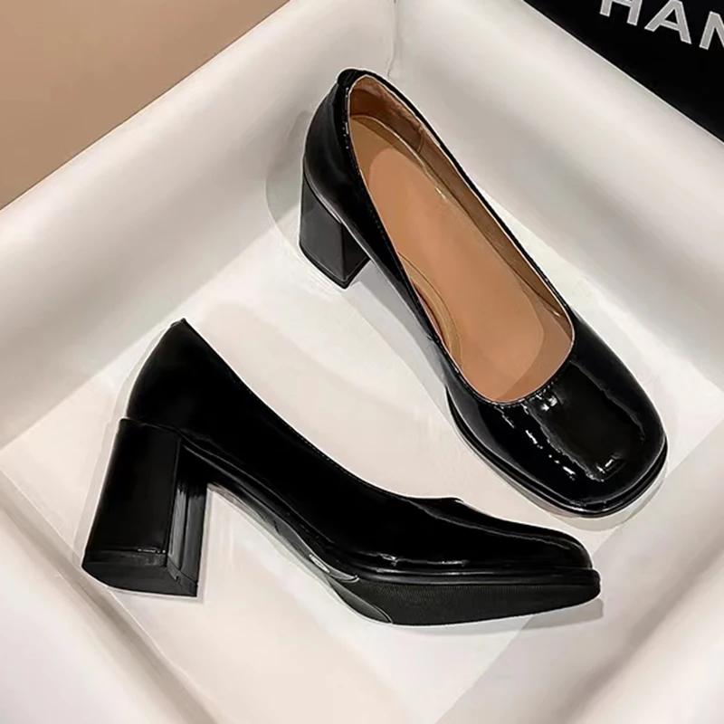 Lucyever Patent Leather Women Pumps Shoes 2023 Elegan Office Black High Heels Shoes Woman Shallow Mouth Square Toe Pumps Female