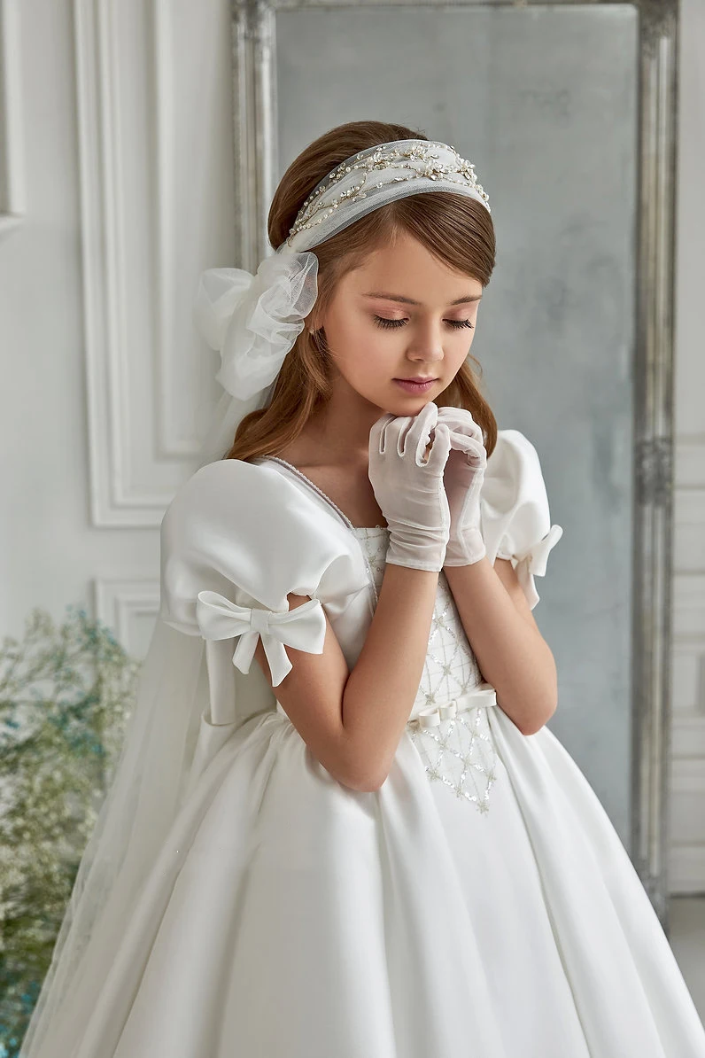 Vestido Boho Flower Girl para casamento, cetim branco, manga curta com arco grande, vestido de aniversário infantil, vestidos de baile de primeira comunhão