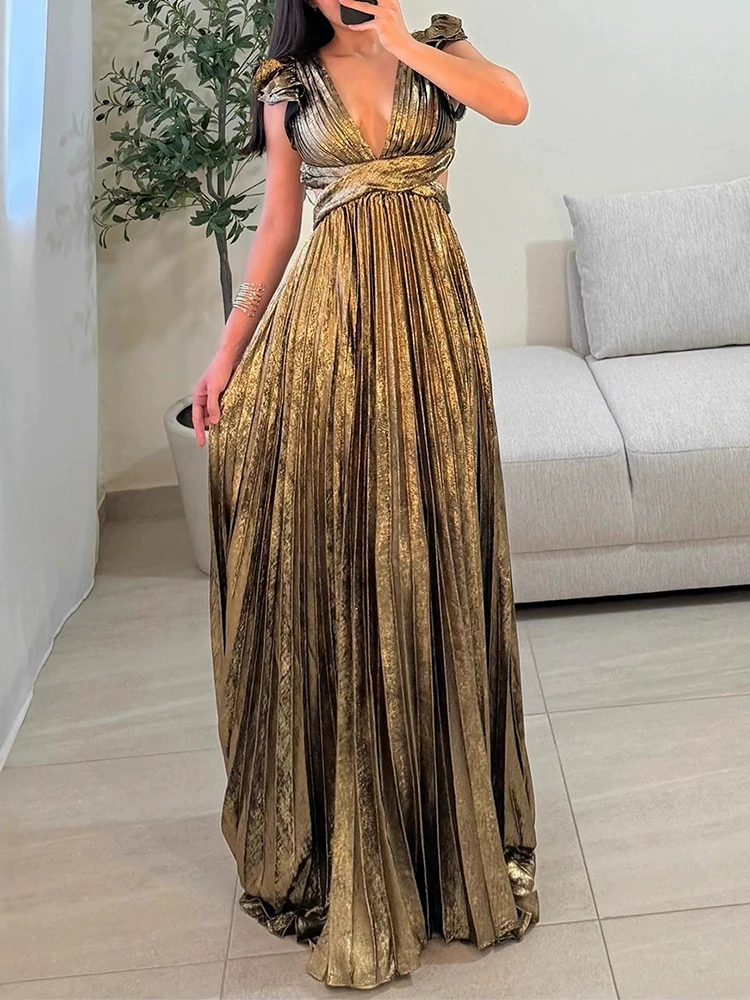 سيدة الموضة ثنيات الخصر سوينغ فستان طويل مثير عارية الذراعين ضمادة الدانتيل متابعة ثوب مجوف أنيق الخامس الرقبة بلا أكمام فستان الحفلات الصلبة #2