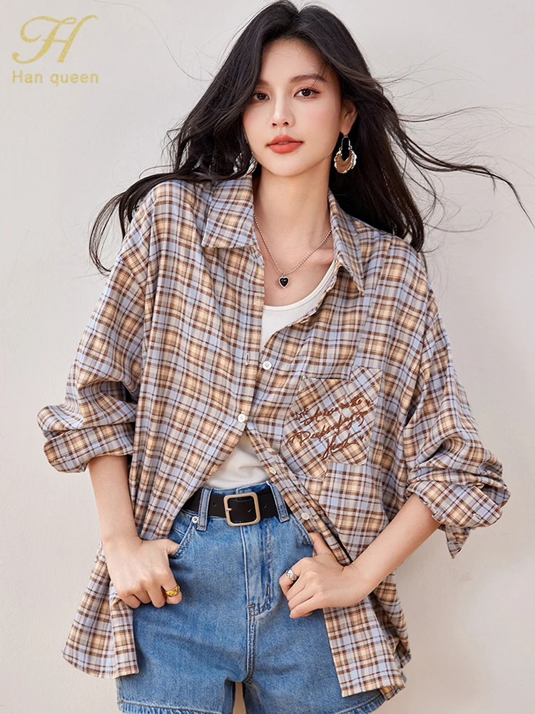 

H Han Queen New Autumn Long Sleeve Elegant Simple Loose Blouses Vintage Plaid Shirts Women Large Size Casual Top Female Clothing