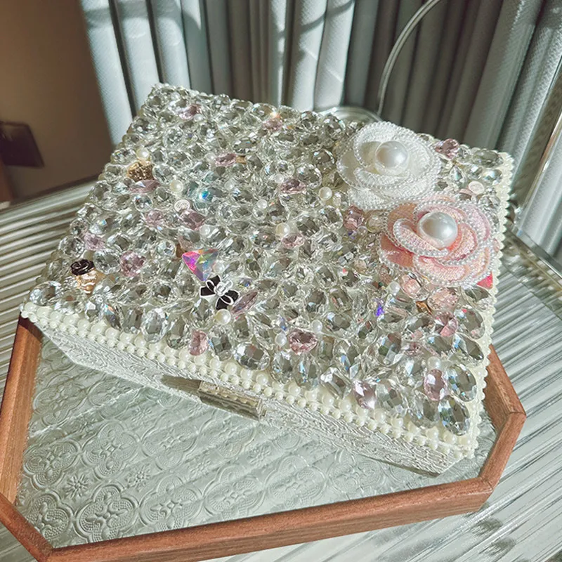 Sparkling Handmade Heavy Rhinestone Jewelry Box Earring Bracelet Necklace Accessories Jewelry Storage Organizer