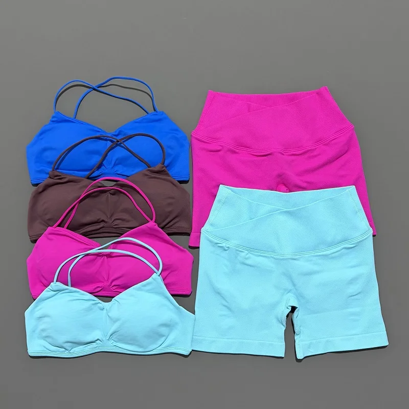 2 قطعة رؤية الصالة الرياضية مجموعة النساء اليوغا المحاصيل الأعلى عالية الخصر Scrunch سلس السراويل حمالة صدر رياضية الرياضة البدلة الرياضية تجريب مجموعة