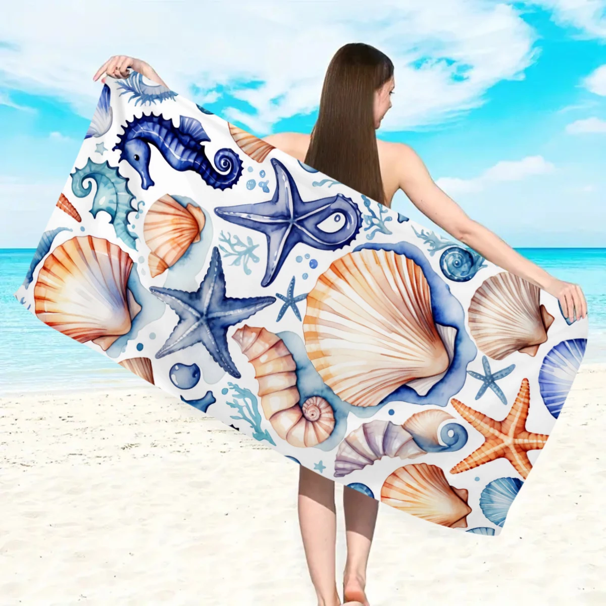 1pc Shell Pattern Printed Beach Towel Ultra Fine Fiber Beach Towel Sports Towel Beach Pool Vacation Bathroom Decoration