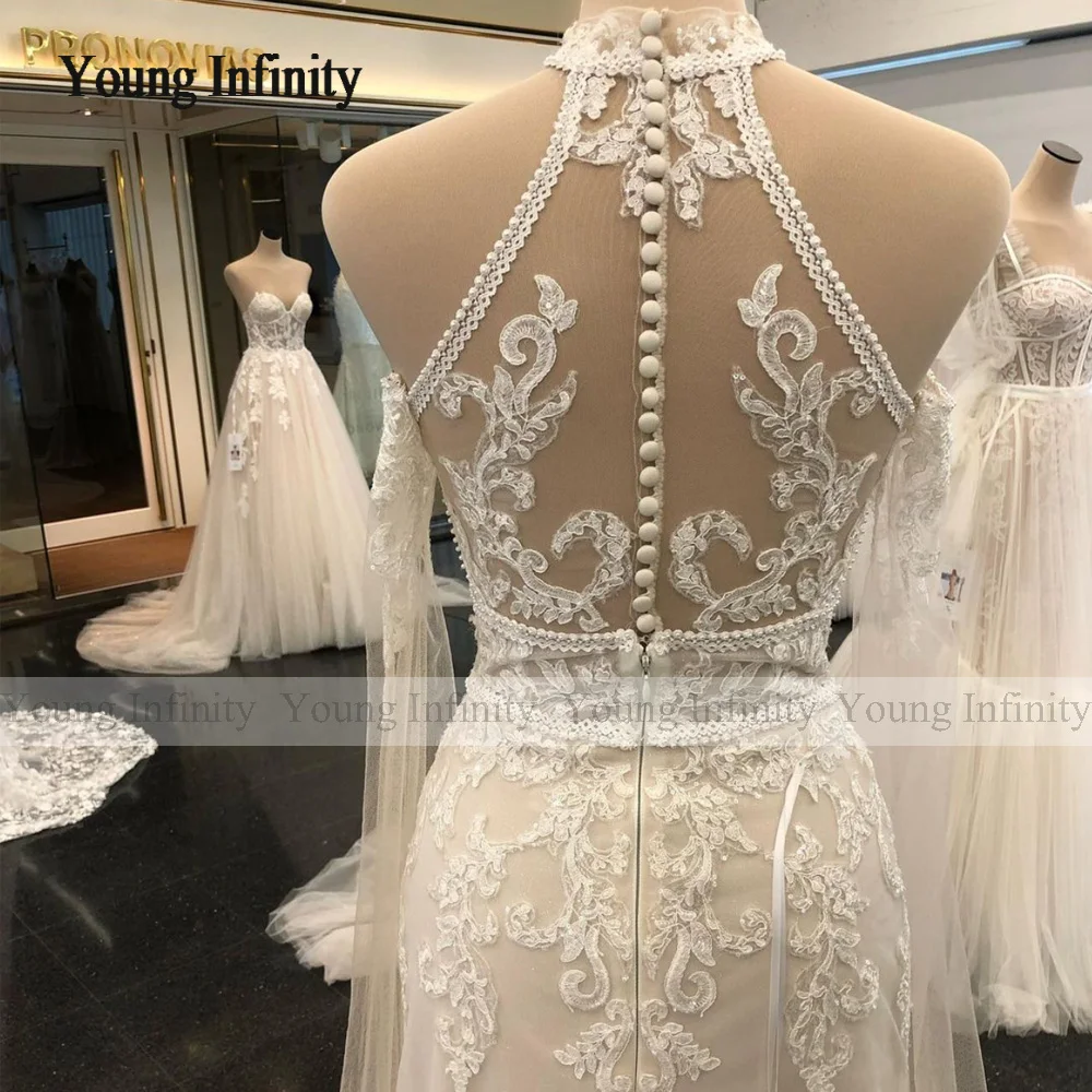 Neue Ankunft Halter Strand Hochzeit Kleid Abnehmbaren Ärmeln Spitze Applique Perlen Taste Zurück Brautkleid 2023 Frau Formale