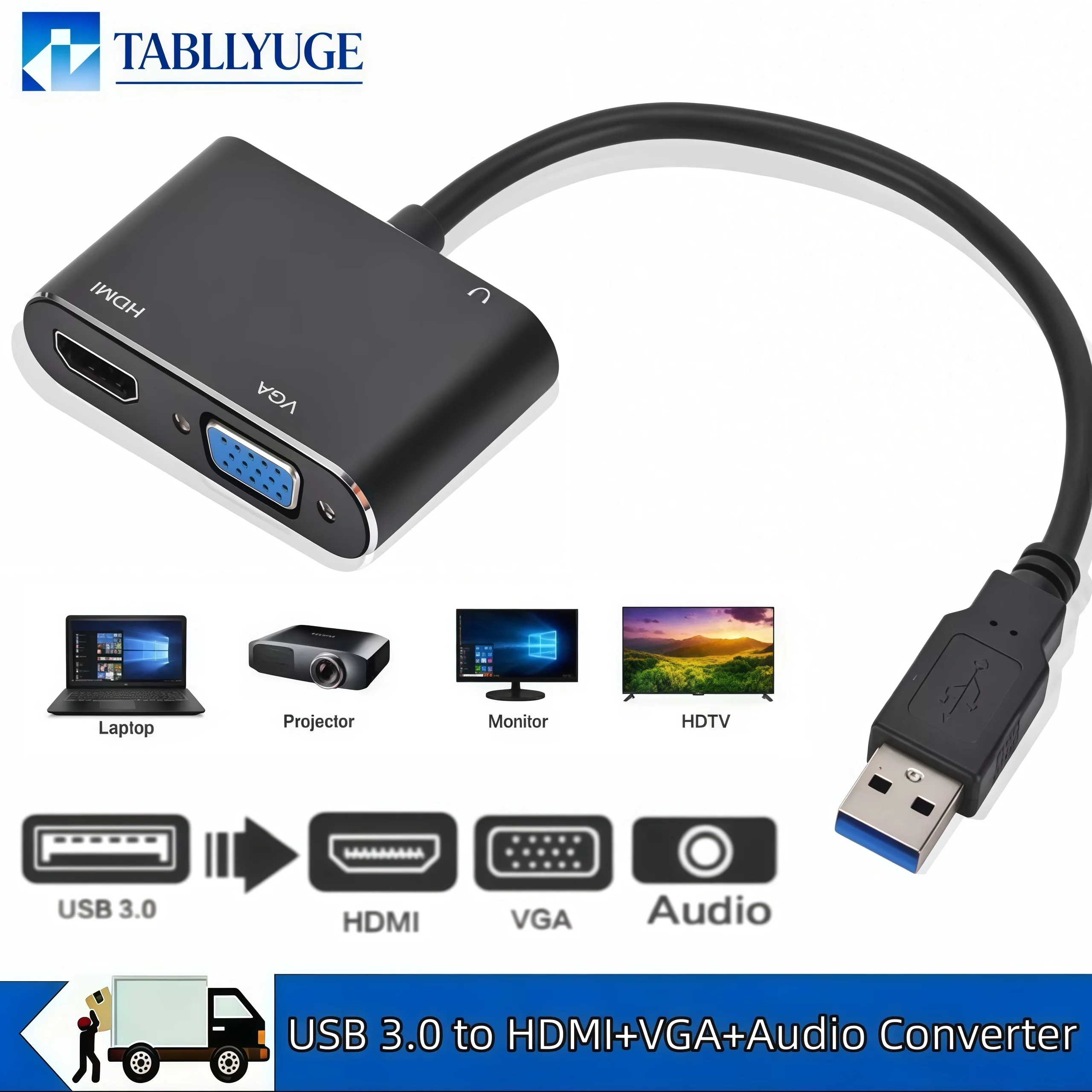 USB 3.0 to HDMI‑Compatible VGA Adapter 3‑in‑1 1080P USB to HDMI‑VGA Video Converter with Audio Output for PC Laptop Windows 7/8
