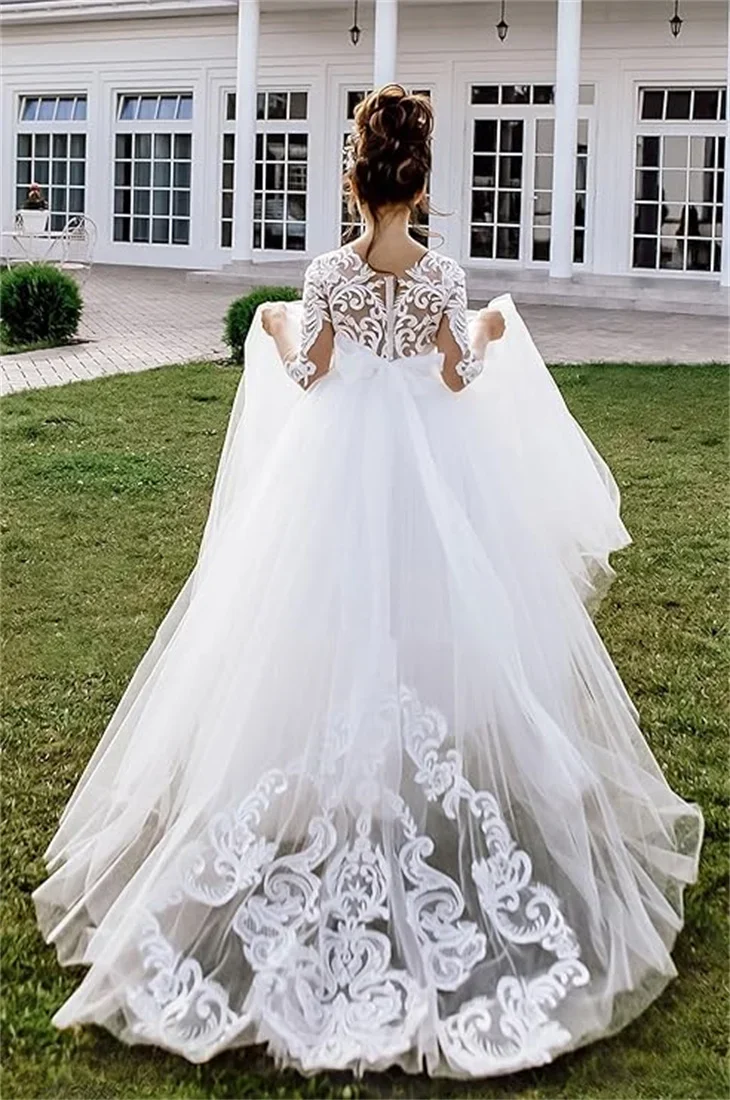 White Communion Dress for Girls 2-14 Long Sleeves Flower Girl Dress Lace Applique Country Wedding Party Dress for Juniors