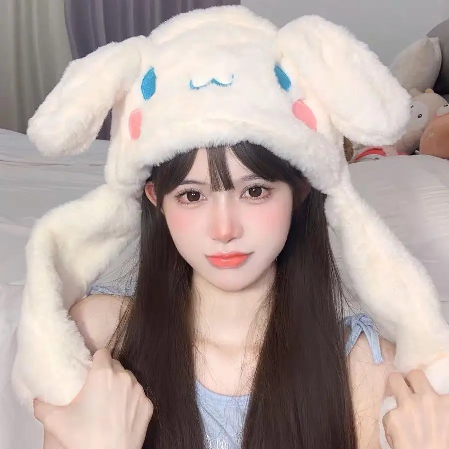 Kawaii Cinnamoroll Plush Moving Ear Hat Soft Fluffy Cartoon Bunny Cap Photo Prop Cosplay Party Headwear Birthday Gift for Girls