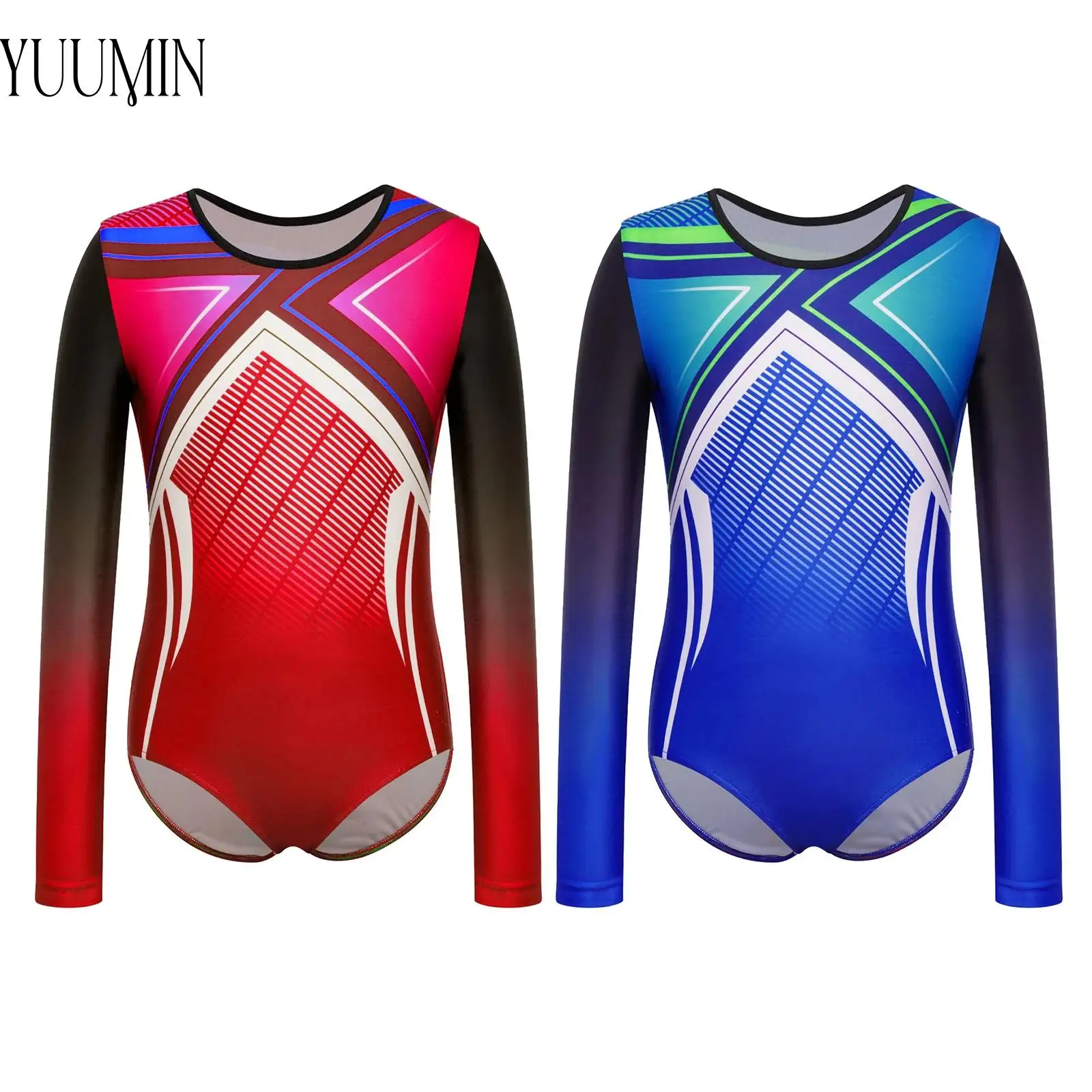 

Kids Boys Gymnastics Leotard Stylish Printed Long Sleeve Press Button Crotch Contrast Color Bodysuit Skating Clothes Swimwear