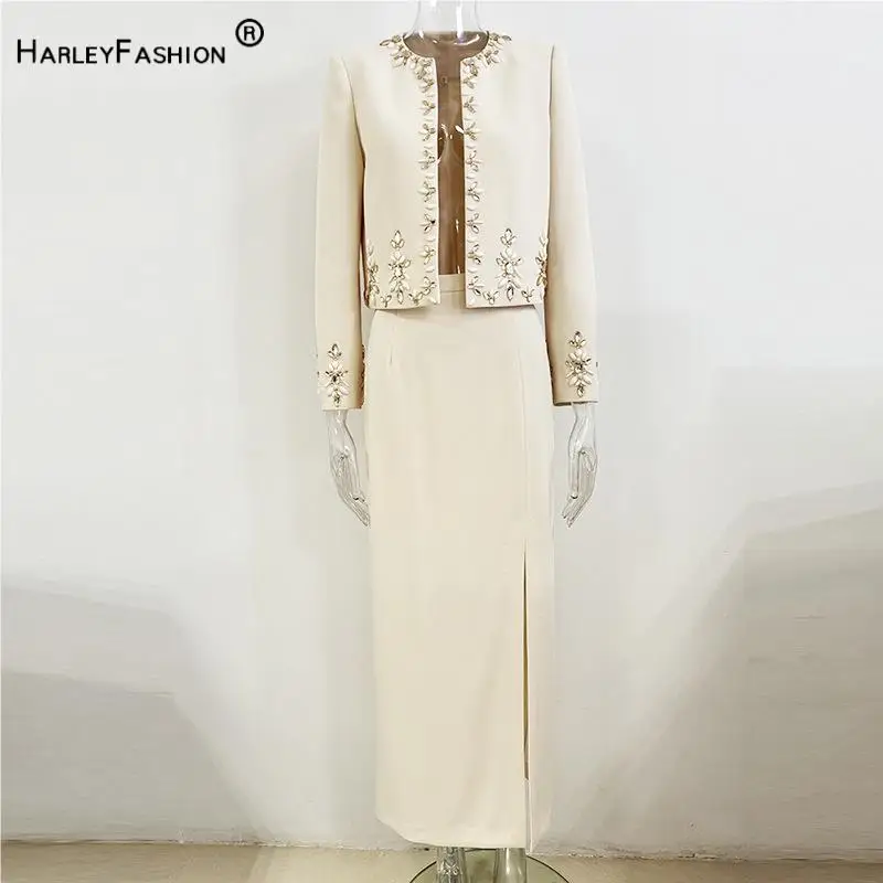 New Arrival Lady Fine Workmanship Beading Office Suit O-neck Long Sleeve Blazer Maxi Pencil Skirt Women 2Pcs