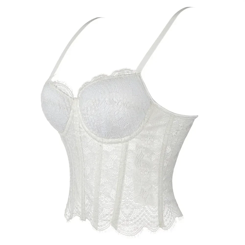 Summer Mesh Sexy Bustier Tops for Women Lace Corset Top Spaghetti Strap Boned Going Out Crop Top White