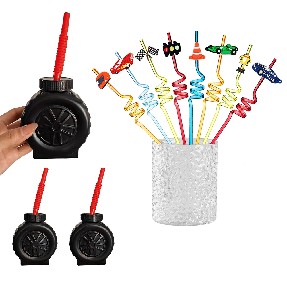 레이스 자동차 파티 빨대 컵 레이스 자동차 바퀴 모양 컵 마시는 빨대 어린이 소년 레이싱 테마 생일 파티 장식 용품