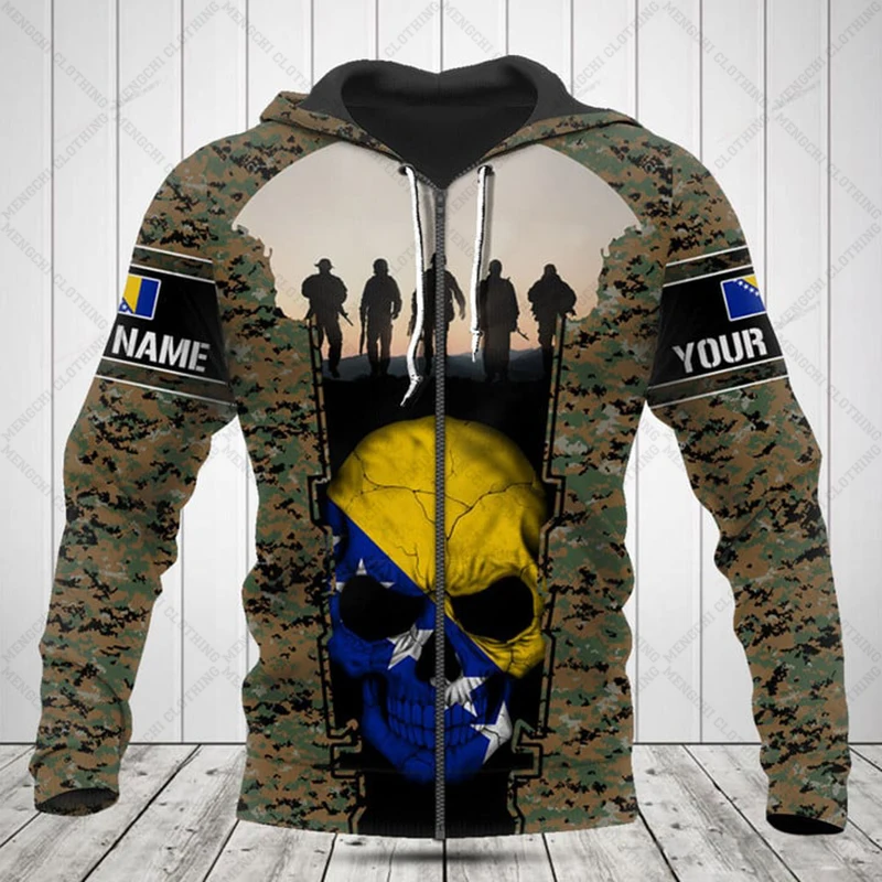 

Custom Name Bosnia Camo Skull Pattern Zipper Hoodies Loose Unisex Oversize Sweatshirts Winter Casual Streetwear Tops Pullover