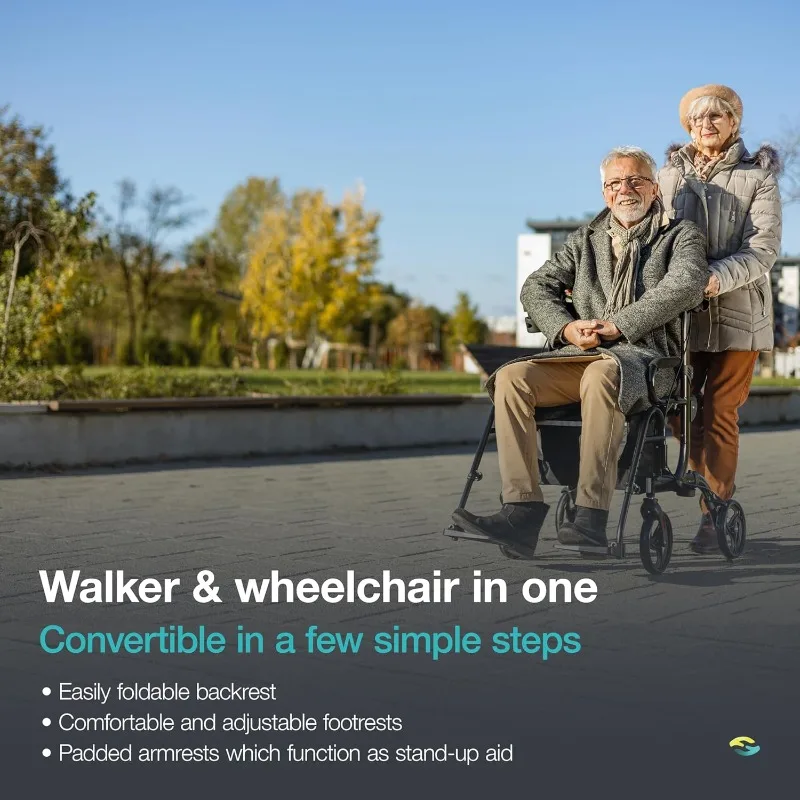 2 in 1 Walker Wheelchair Combo - Foldable Aluminum Rollator with Footrests - Convertible to a Transport Chair