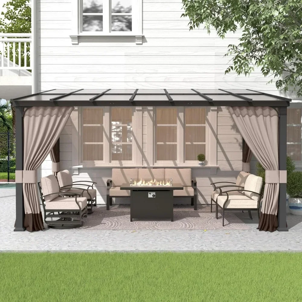 Outdoor Wall-Mounted Hardtop Pergola, Metal Frame Gazebo with Sloping Sun Panel Roof and Double Curtains