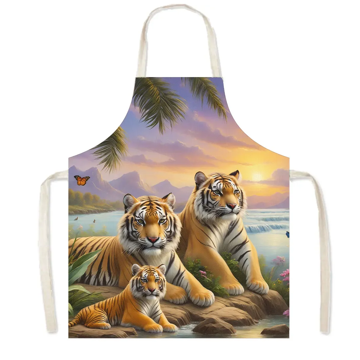 3Dプリント油絵ホワイトタイガーキッチンエプロン女性男性ベーキングホームクリーニング衣類ツールシェフウェイタークッキングピナフォアギフト