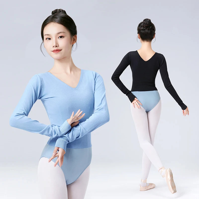 Women Ballet Dance Sweater V-neck Dance knitwear Ballet Leotard Coat Knitted Sweater Long Sleeve Dance Costumes Tops Winter