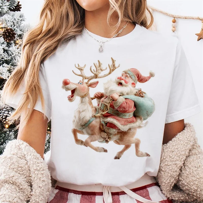 

Santa Claus Reindeer Pattern Women's Short Sleeved Round Neck Aesthetic T-Shirt Cartoon Versatile Women's Popular Cute T-Shirt