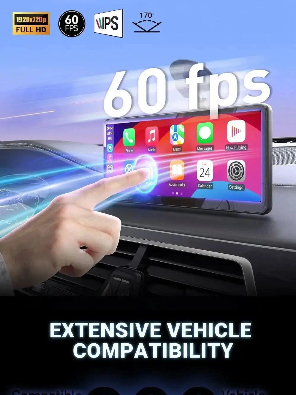 MINIX CP89-HD Portable Wireless CarPlay Screen IPS Touchscreen for iPhone/Android Bluetooth/AUX/FM Magnetic Mount