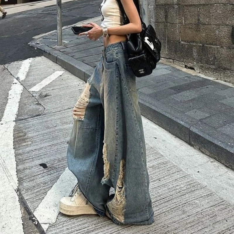 Jeans vecchi strappati da donna americani retrò High Street 2025 Harajuku pantaloni larghi dritti in denim a gamba larga streetwear pantaloni casual