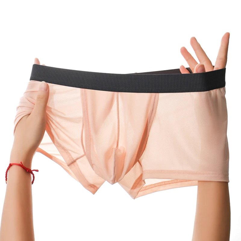 

Men's Ice Silk Boxer Side Opening Bugle Pouch Boxers Gyms Sports Ultra-thin Sheer Breathable Underpants Quick-dry Mesh Underwear