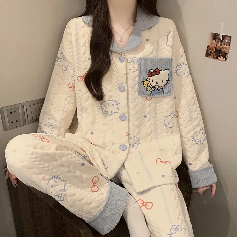 Fashion Ins Style Hello Kitty Air Cotton Cute Printed Quilted Pajamas Girl's Warm Soft Comfortable Home Wear Set Two-piece Set