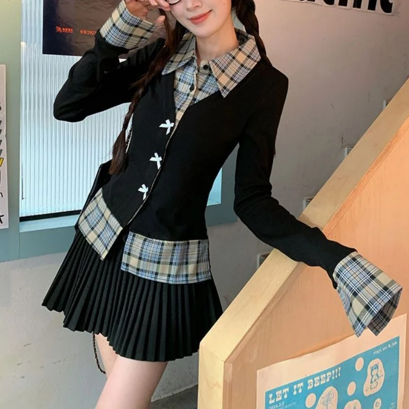 Women Fake Two-Piece Construction Plaid Color Block Splicing Cute Bow Decoration Sweet Style Long Sleeve Casual Blouse Top