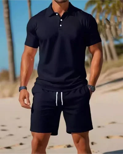 Imagen 2 del producto 2025Conjunto de dos piezas de deportes de playa informales de negocios para hombre, conjunto de pantalones cortos deportivos con cintura elástica y cordón, solapa de control de acceso con botones