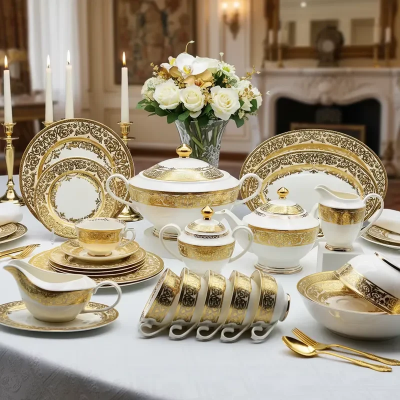 98pcs Embossed Gold Tableware Royal Style China Porcelain Dinnerware with Teapot Cup Set Full Dinner