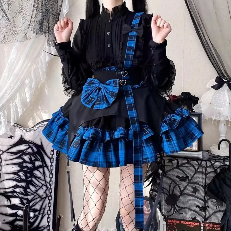 Y2K Electronic Cat Grid Cake Skirt Half Skirt SK Checkered Dark Girl Song Dress Anime Lolita JK A-line Midi Mini Dresses New