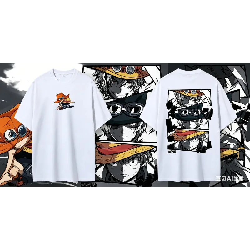 2026 New One Piece Monkey D. Luffy Portgas D. Ace Sabo Anime Printed Short Sleeve T-shirt Men's and Women's T-shirt Men's Tops