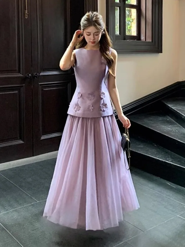 

Summer 2025 French Elegant Sleeveless Slim Waist Dress Fairy Long Dress For Women Sweet Fashion Party Vestidos Largos Robes
