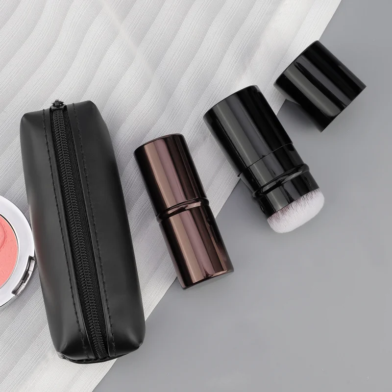 Pinceau de maquillage rétractable à manche court de voyage pratique avec sac à fermeture éclair, brosse de fond de teint multifonctionnelle, brosse à poudre de beauté