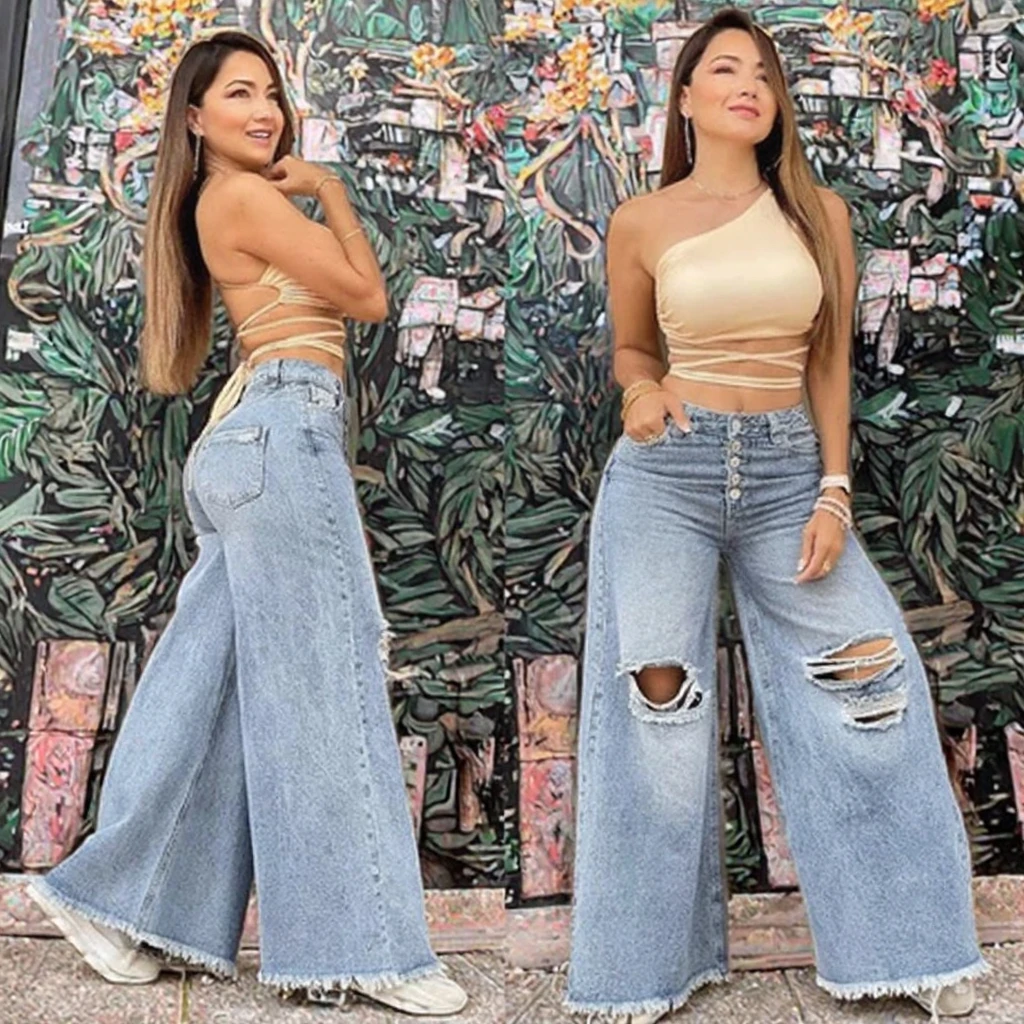 Regular Fit Hole Wide Leg Pants Light Color Washed New Jeans Breathable Anti-Wrinkle Casual Flat Spring 2026