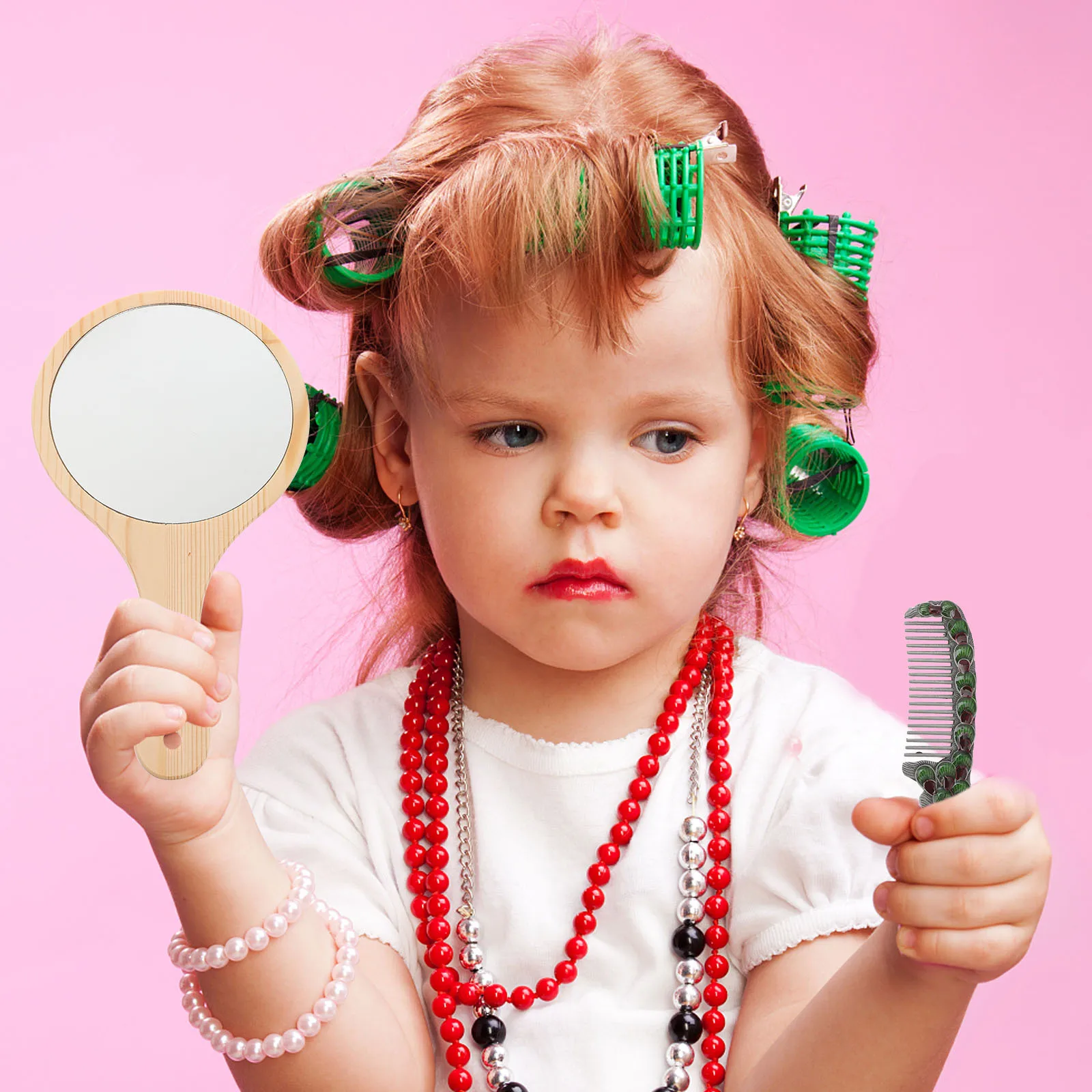 Specchio da donna con manico in legno Specchio per trucco portatile Tavolo da toeletta da appoggio per bagno da viaggio moderno ed elegante