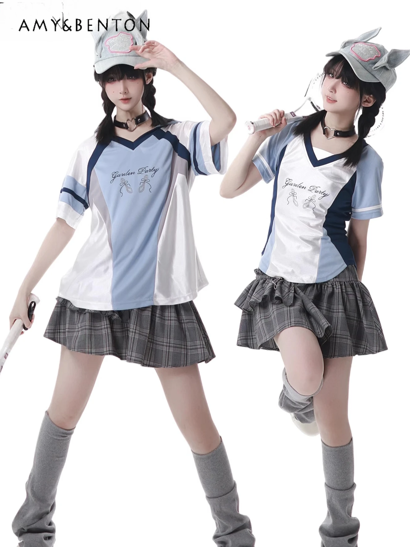 

Korean Ins Spice Girl Summer Casual Suit Sweet Cool Splicing Color Short Sleeve Top High Waist Plaid Mini Skirt Two-piece Set