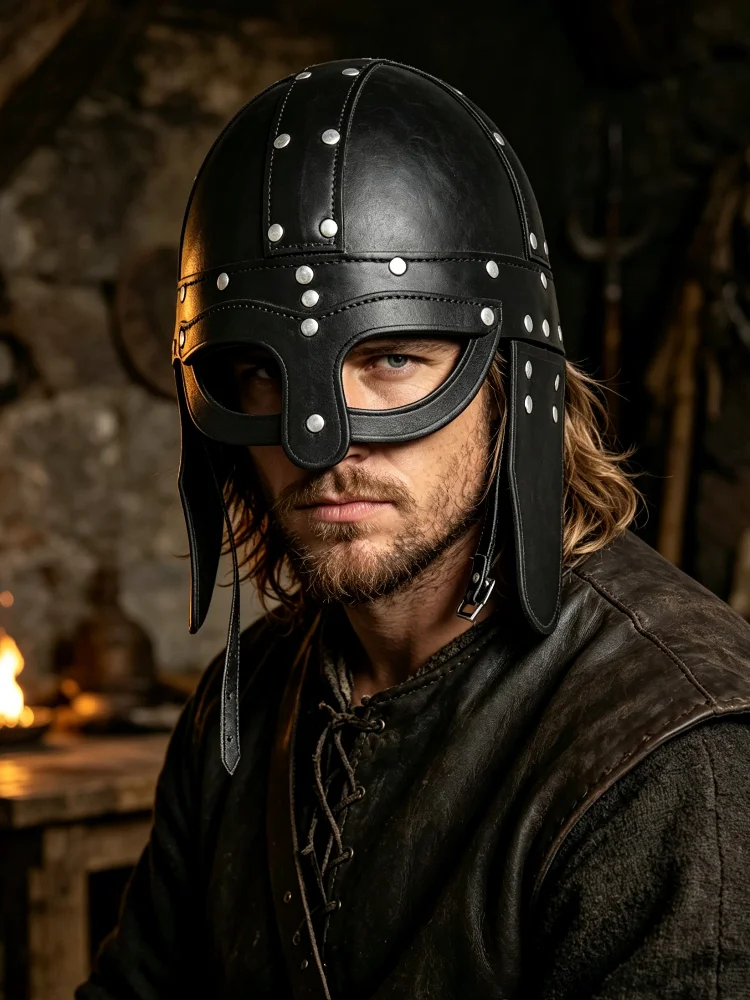 Medieval Black Leather Knight Riveted Helmet Renaissance Halloween Cosplay Headwear Costume Prop For Adults Party Performance