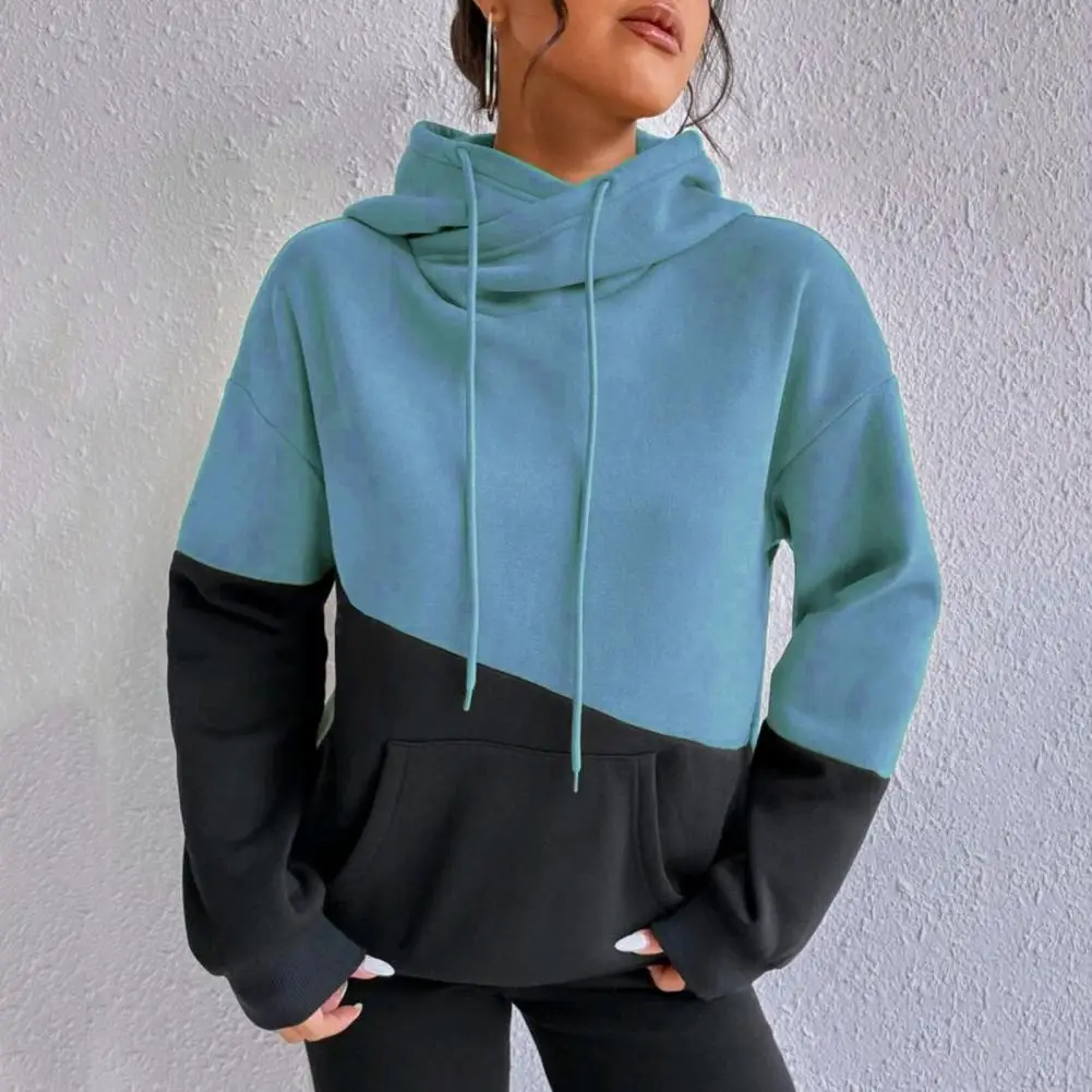 Fall Winter Lady Hoodie Colorblock Drawstring Long Sleeves Hooded Top Thick Elastic Cuffs Hem  Fitness Top With Big Pocket