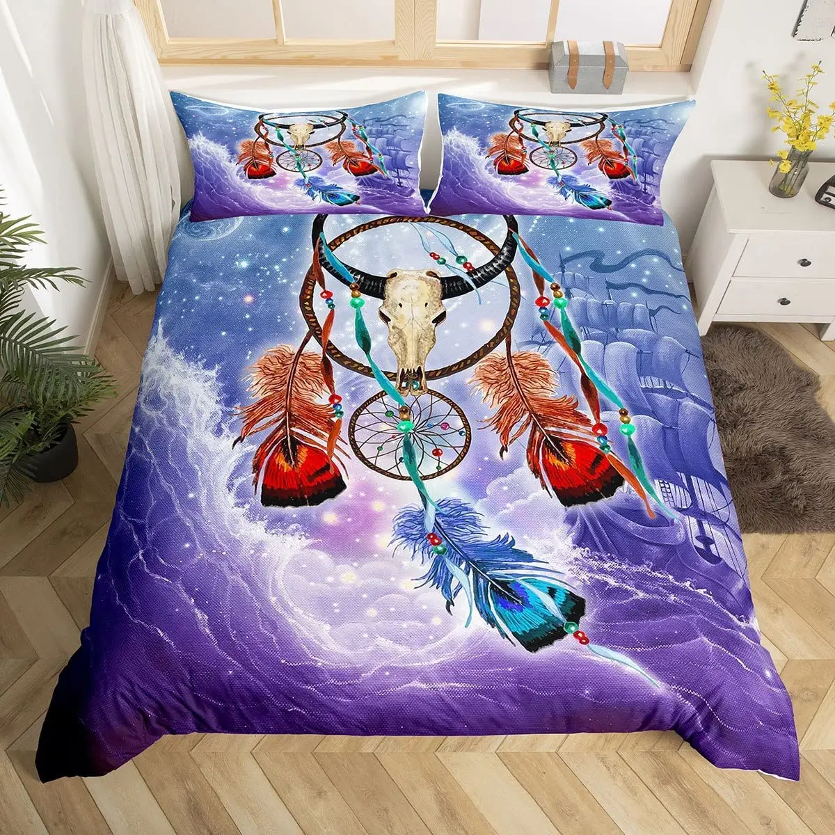 Bettbezug-Set mit Schafschädel-Motiv, King-Size-Bett, Queen-Size-Bett, Feder, Traumfänger, Bettwäsche-Set, Mikrofaser, lila Meer, Wellen, Boot, Trösterbezug