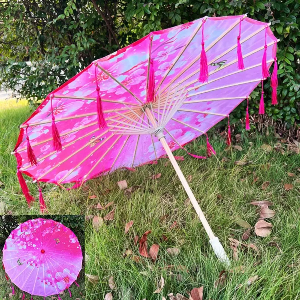 56cm Umbrella Fan Chinese Antique Style Silk Cloth Cosplay Hanfu Oil Paper Umbrella 10 Colors Tassel