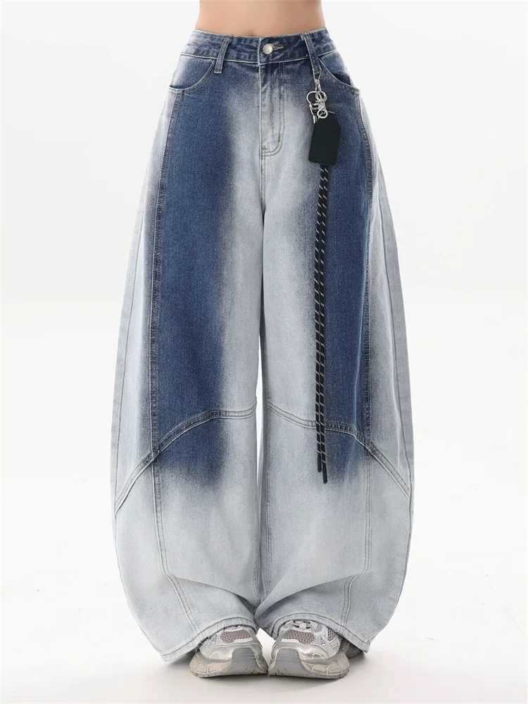 Distressed Ombre Washed Jeans Women Fall American Vintage Deconstructed Wide Leg Trousers Streetwear Loose Fit Denim