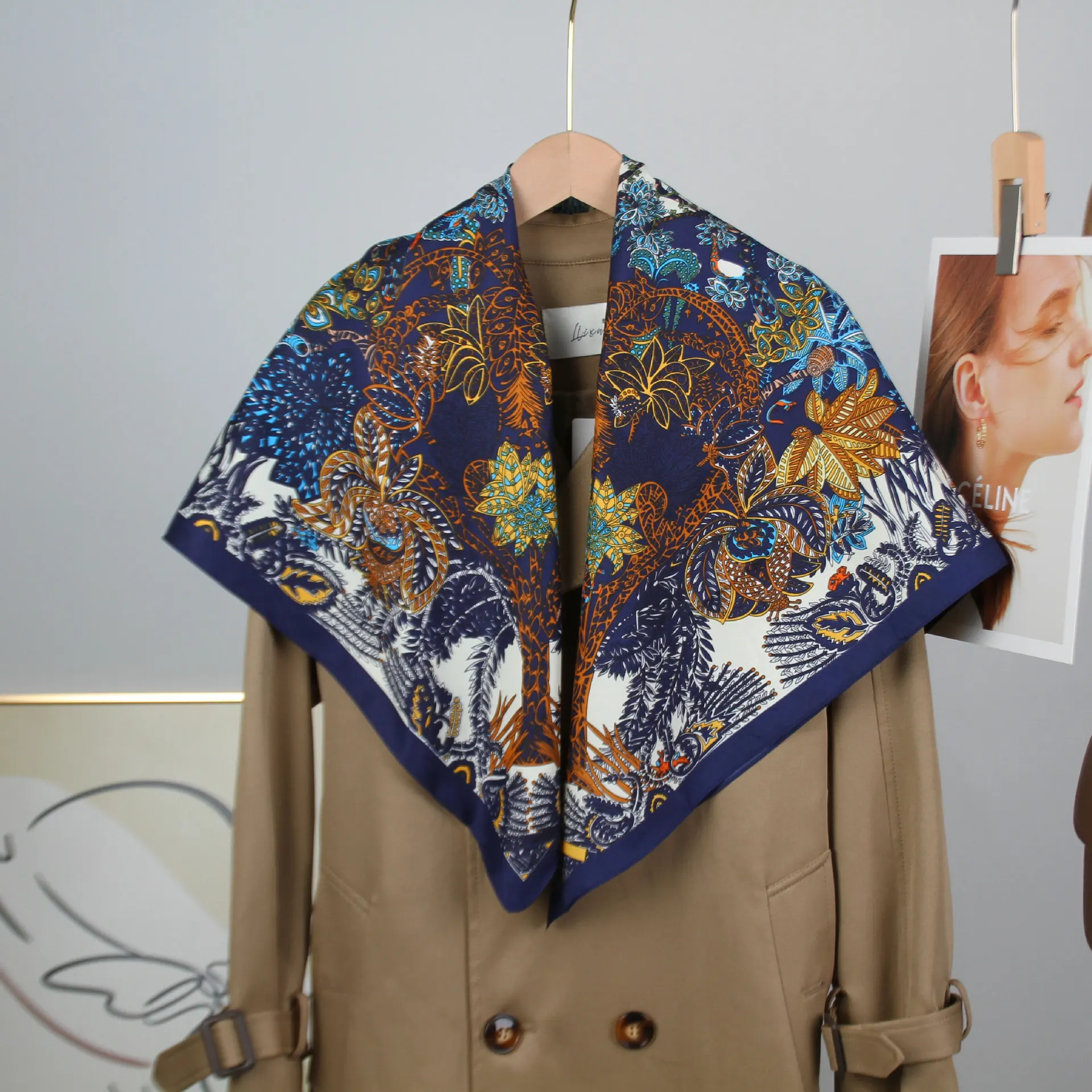New Design Trendy Luxury Wrap Scarf, Twill Fabric Flower Print 90cm Square Scarf, High-End Silk Scarf for Women Shawl image 3