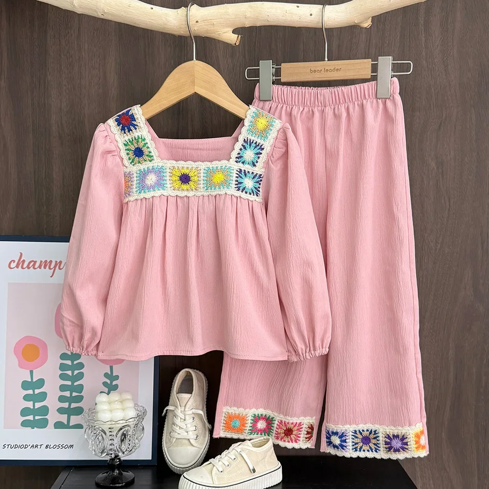 Bear Leader Autumn Pink Girls Clothes Long Sleeved Colorful Sunflower Embroidered Top+Pants 2Pc Korean Version Casual Kids Suit