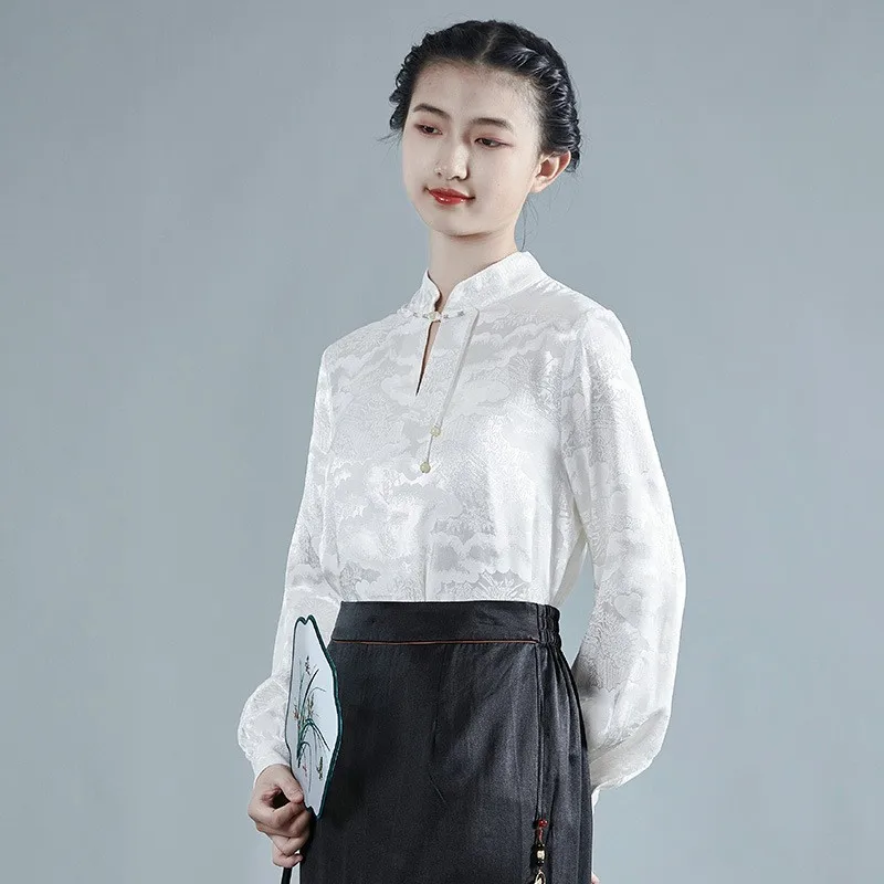 

Retro Chinese Sle Women's Top Silk Embroidery Stand Collar Modified Hanfu Tang Costume Tea Dr Loose Fit Long Sve T-irt