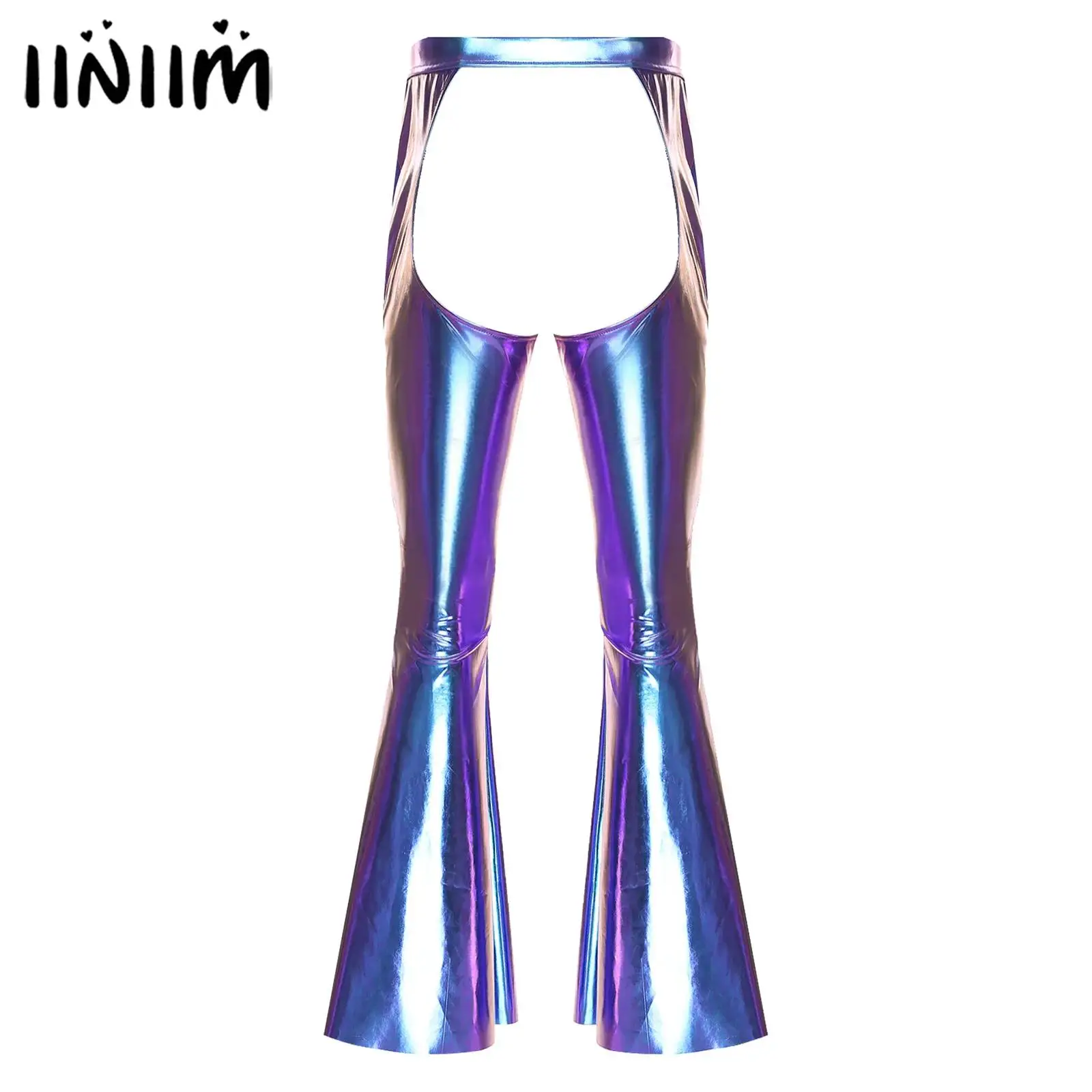 

Mens Lingerie Open Crotch Metallic Chaps Flared Pants Elastic Waistband Bell-Bottom Trousers Club Stage Performance Costume