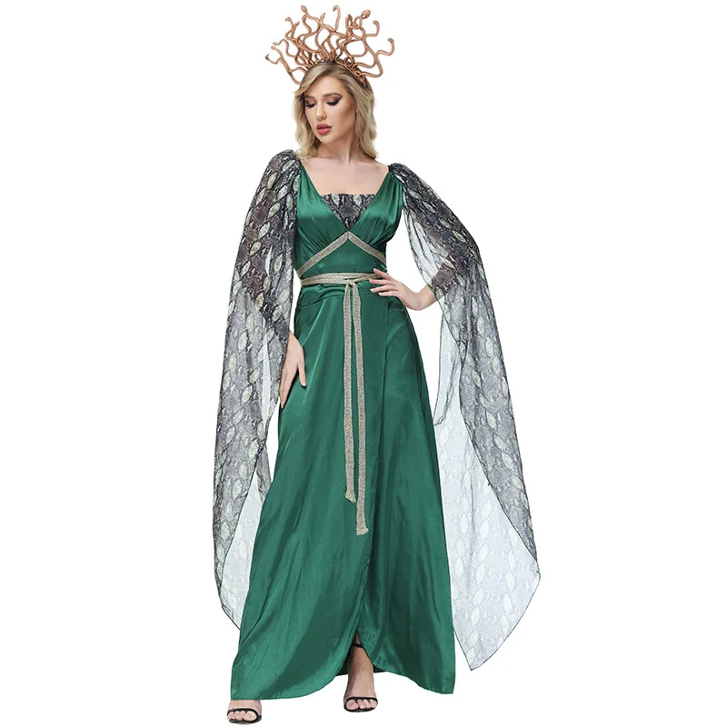 Cosplay Medusa Dress for Women Adult Halloween Costume Cos Sea Demon Witch Banshee Skirt with Snake Head Crown Greek Mythical