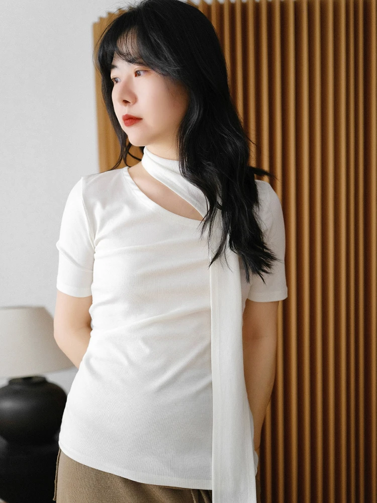 

Женский топ Sanliachening из шелка и шерсти с вырезом на горловине, летний, влагоотводящий, приталенный крой