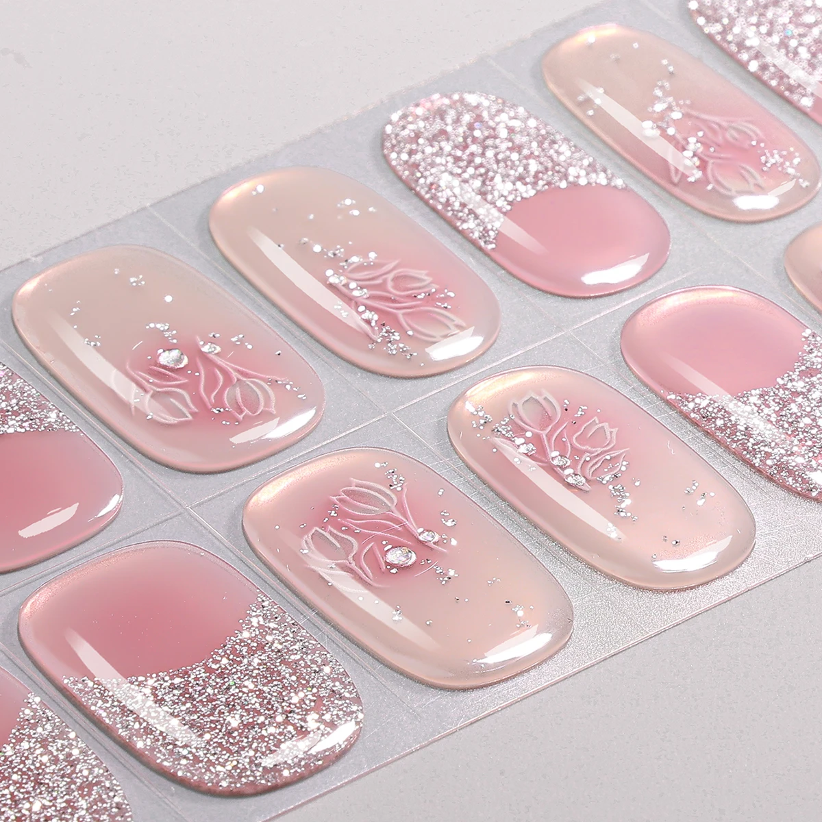 16Tips Glitter Flowers Gel Nail Strips Full Cover Aurora Cherry Blossoms Baking-Free Gel Nail Sticker DIY Manicure Decoration