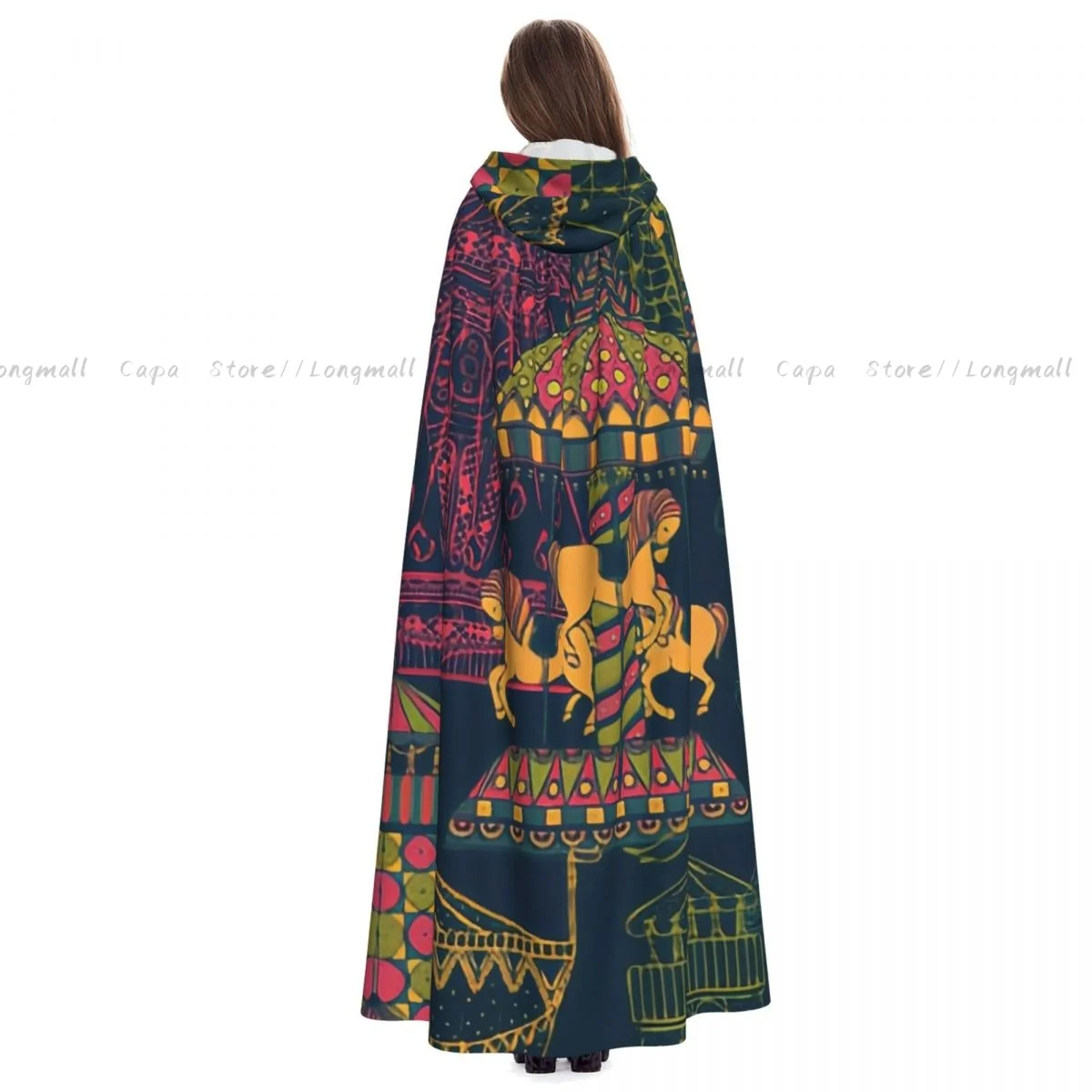 Adult Vampire Cape Hooded Robe Carousel And Tent Funfair Theme Halloween Cloak Full Length Cosplay