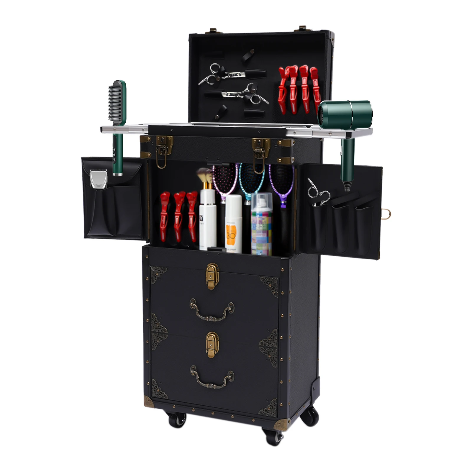 Valise à roulettes vintage noire électroplaquée pour coiffeur, surface en PU, cadre en bois, décoration à rivets en fer, 3 compartiments de rangement, double serrures à combinaison, boîte à outils capillaires portable à roulettes pour salon et travail de coiffure en extérieur