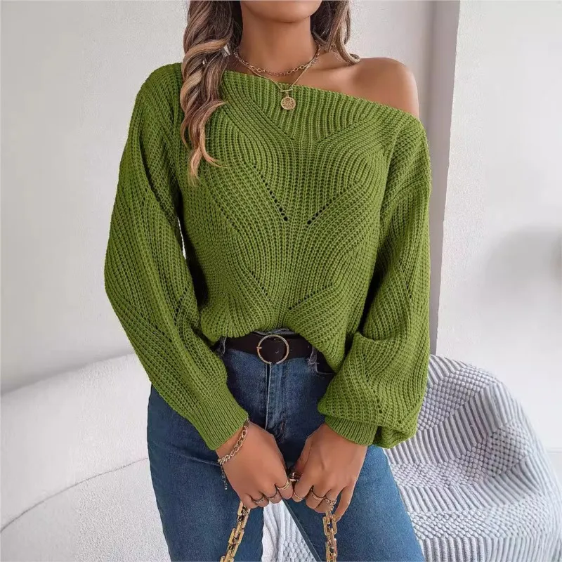 2024Autumn And Winter Ladies Casual Orange Hollow Out Single Collar Off Shoulder Lantern Sleeve Fashionable Long Sleeved Knitted